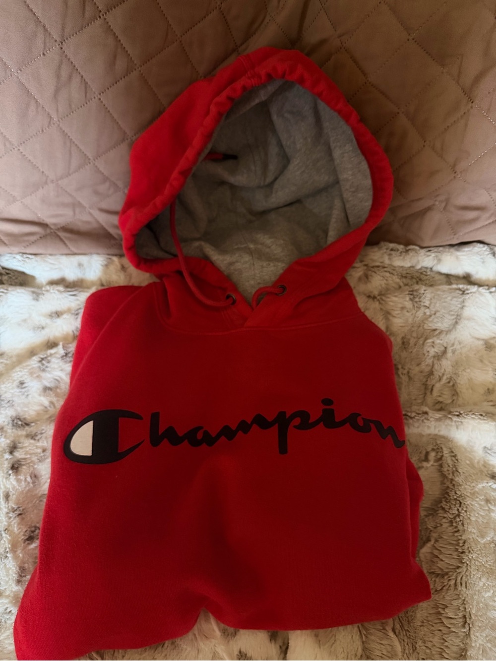 Champion Red Hoodie with Gray Lining and Black Logo